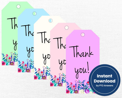 printable thank you gift tag toppers in 5 pastel colors with floral border at bottom of tag