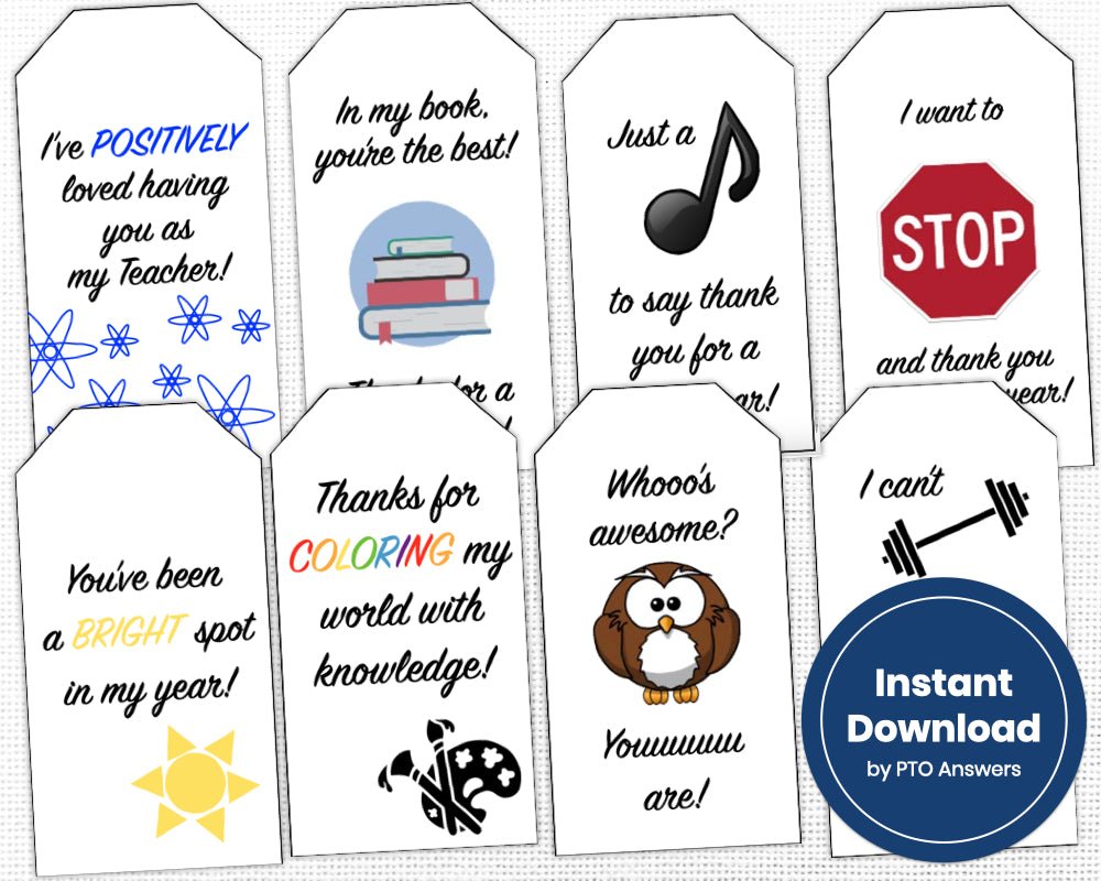 printable punny staff appreciation tags for teacher appreciation week and end of the year gift ideas for bus driver, music teacher, librarian, pe gym teacher, art teacher and stem teacher