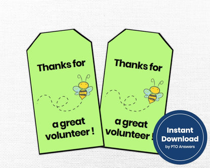 thanks for being a great volunteer bee themed printable appreciation gift tags with green background and flying bee icon