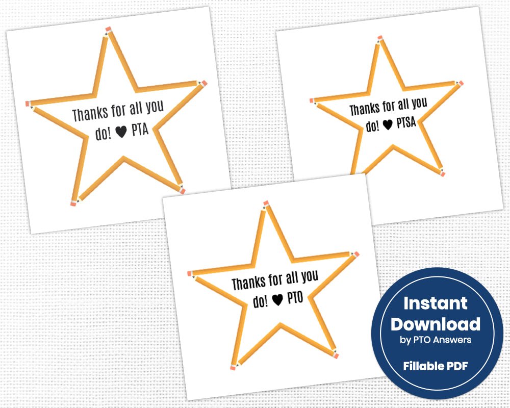 printable teacher appreciation and staff appreciation gift tags saying thanks for all you do from pta pto ptsa with pencil shaped stars