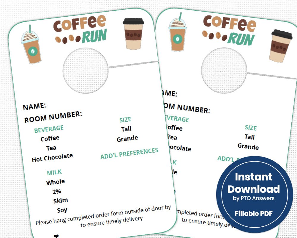 coffee run room service order form door hanger with green and brown color scheme