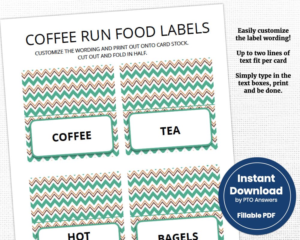 customizable printable coffee bar food tent labels with brown and green chevron background