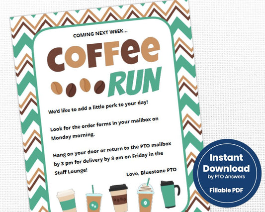 coffee run teacher appreciation week flyer with brown and green chevron background and coffee drink icons