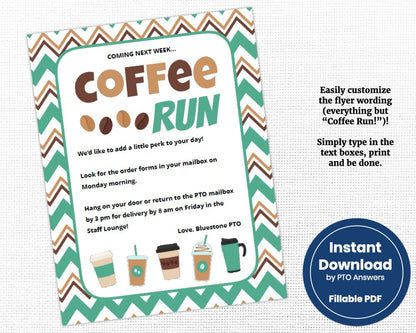 coffee run teacher appreciation week flyer with brown and green chevron background and coffee drink icons