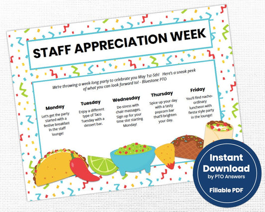 taco themed fiesta teacher appreciation week flyer with taco icons and confetti background
