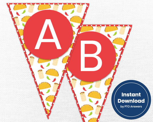 printable taco party pennant banner with taco icons and red background