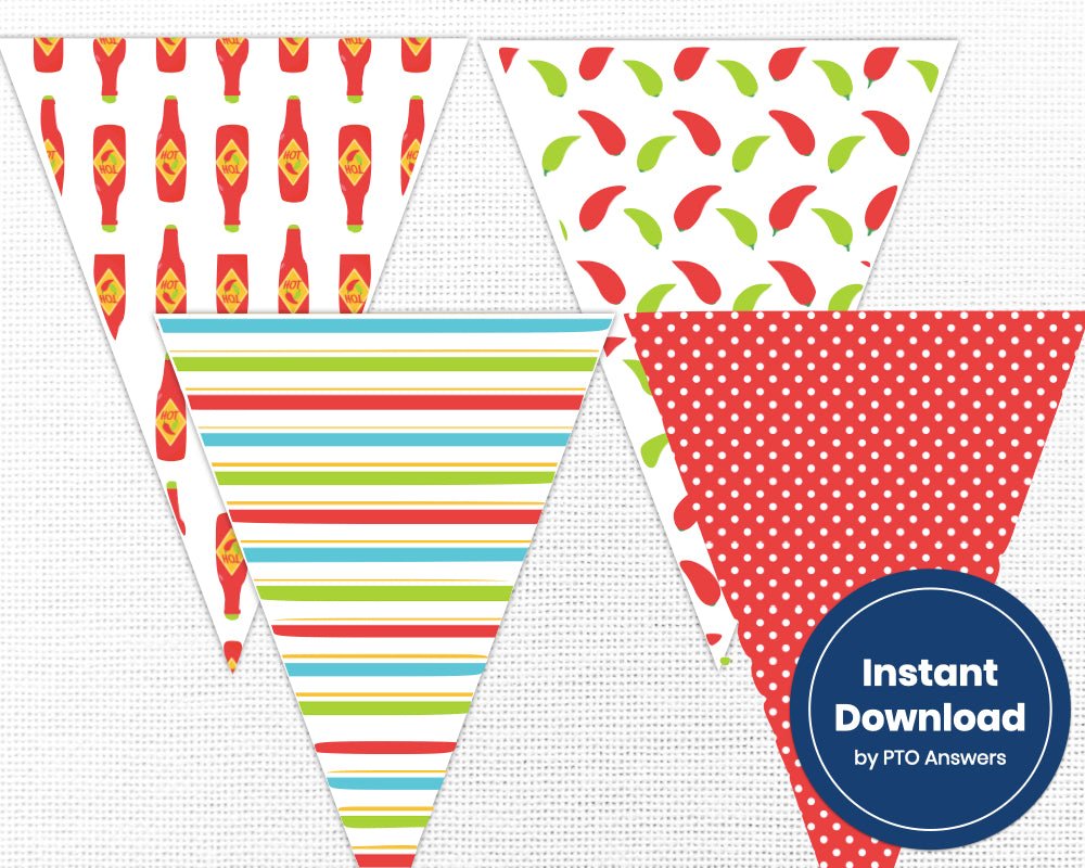 printable taco party pennant banner with taco icons and red and white polka dot background