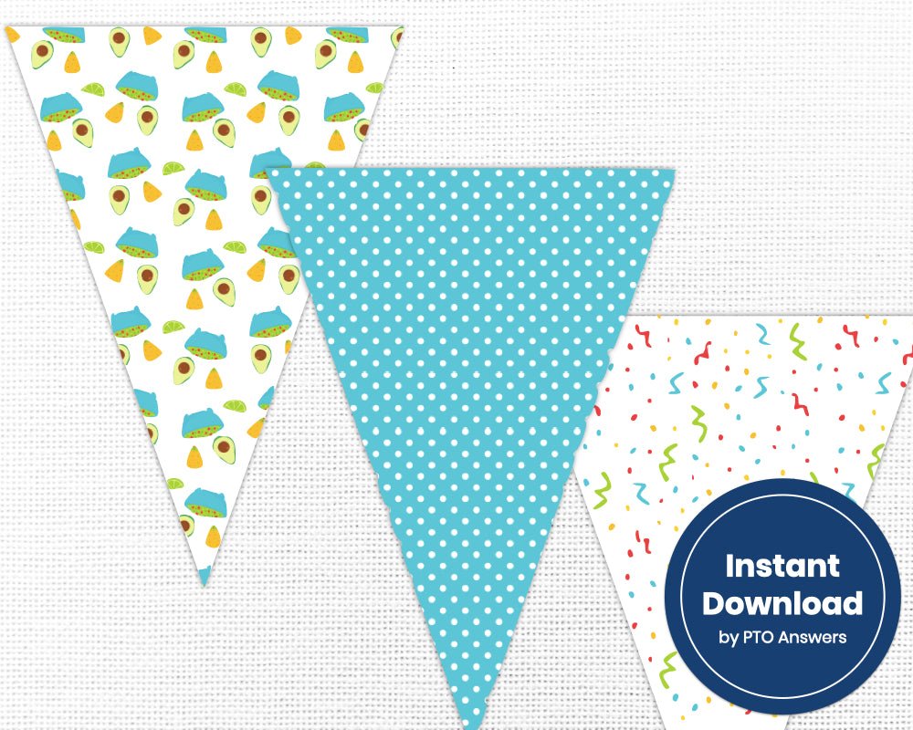printable taco party pennant banner with taco icons and blue and white polka dot background