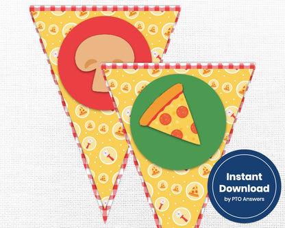 printable pizza themed banner for pizza or Italian themed teacher appreciation luncheon with yellow pizza icon background