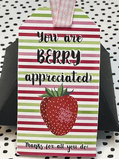 printable teacher appreciation berry appreciated gift tag for staff appreciation week with striped background and strawberry icon