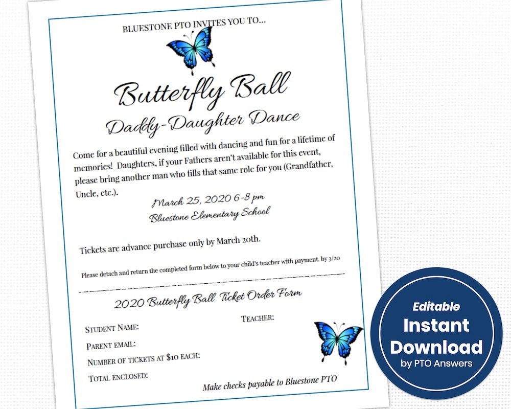 butterfly ball daddy daughter school dance flier template and ticket form kit family fun night event by pto answers