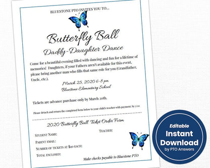 butterfly ball daddy daughter school dance flier template and ticket form kit family fun night event by pto answers
