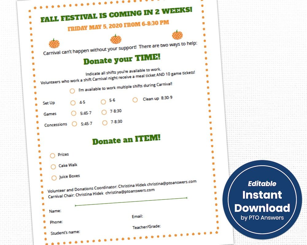 customizable school fall festival flier template with cute pumpkins for event and volunteer and donation request forms and sign up sheets by pto answers