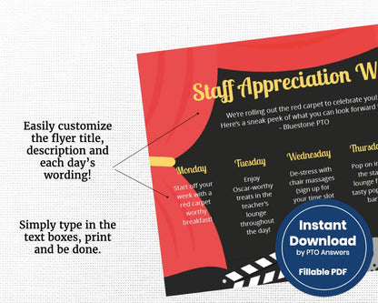 customizable staff appreciation teacher appreciation move themed schedule of events flyer template with red curtain stage and movie icons