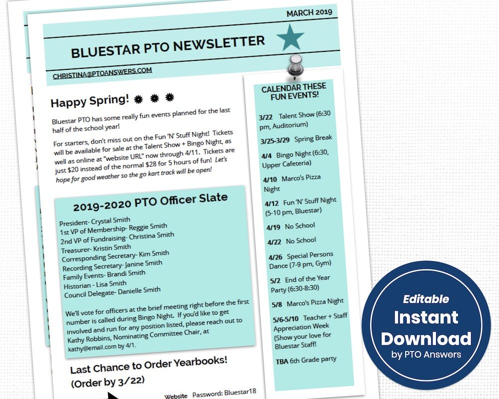 customizable pto pta newsletter template for school e-newsletters