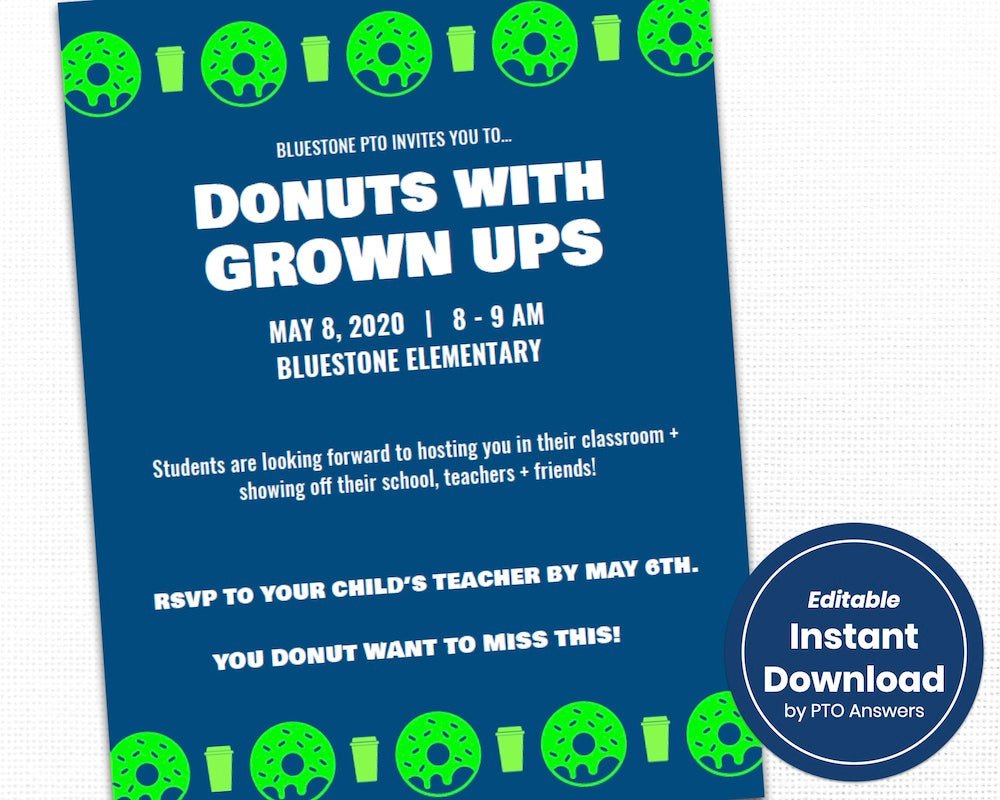 donut with grownups blue and green gender neutral family fun breakfast event flier template