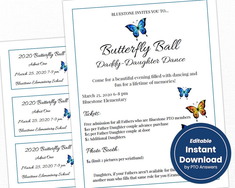 butterfly ball daddy daughter dance flier template and ticket form