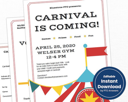 customizable printable school carnival flyer template set with volunteer form and donation request forms