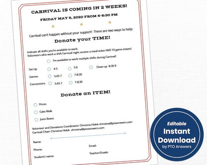 customizable printable school carnival flyer template set with volunteer form and donation request forms
