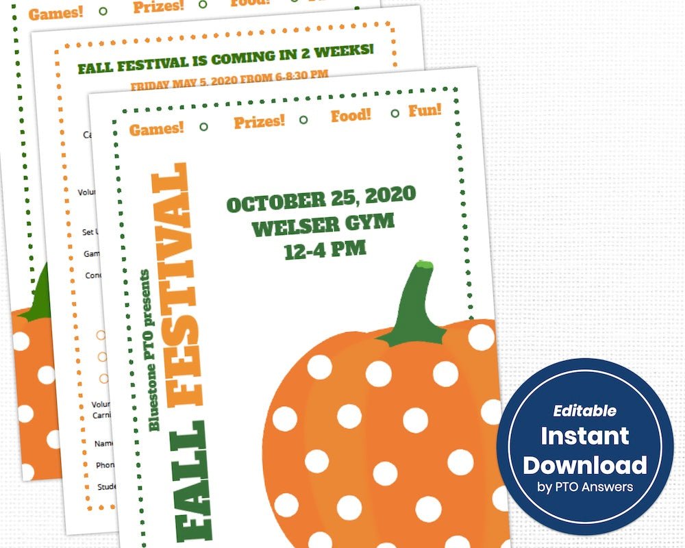 customizable school fall festival flier template with cute pumpkins for event and volunteer and donation request forms and sign up sheets