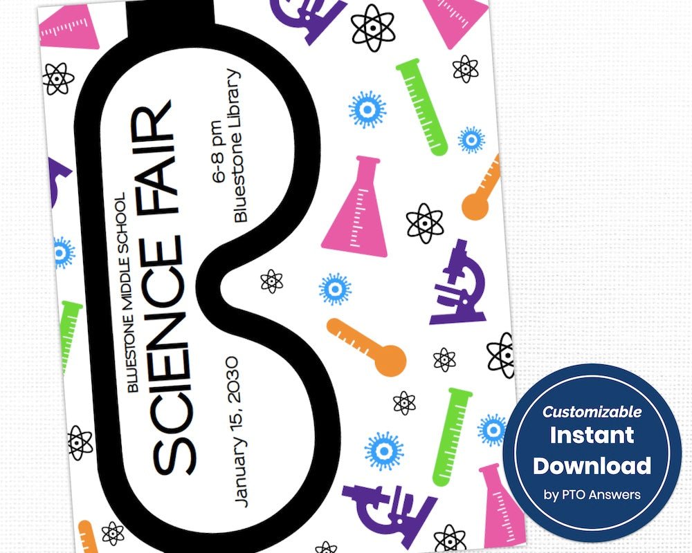 customizable science fair and STEM night flier template for school family fun event sponsored by pto pta