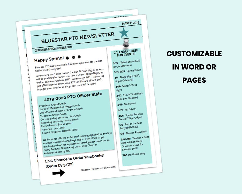 blue, black and white newsletter template on blue background