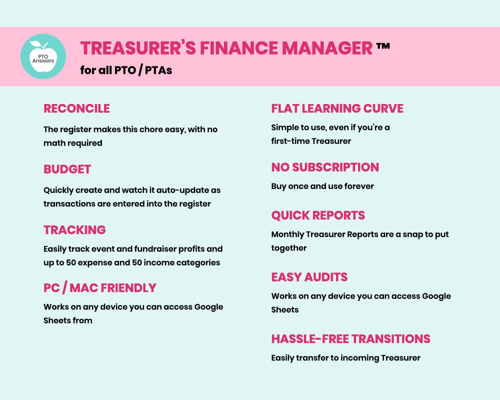 features of the treasurer's finance manager on a blue background