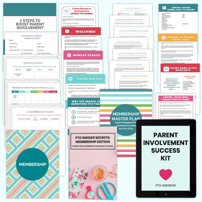 rainbow stripe theme resources for pto pta leaders on blue background