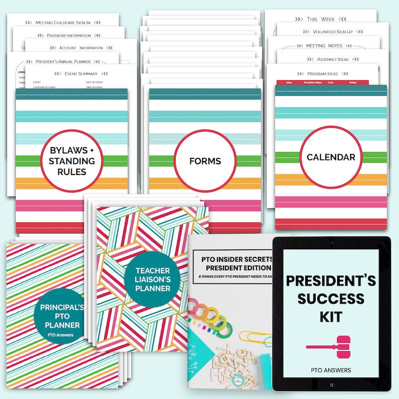 rainbow stripe theme resources for pto pta leaders on blue background