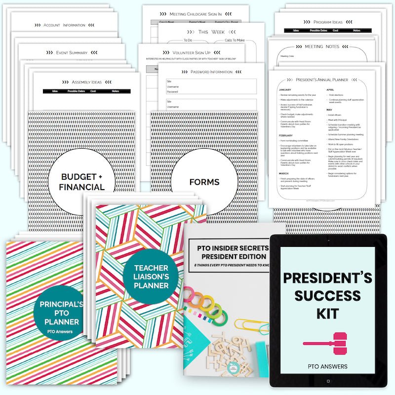 rainbow stripe and black and white patterned  resources for pto pta leaders on blue background