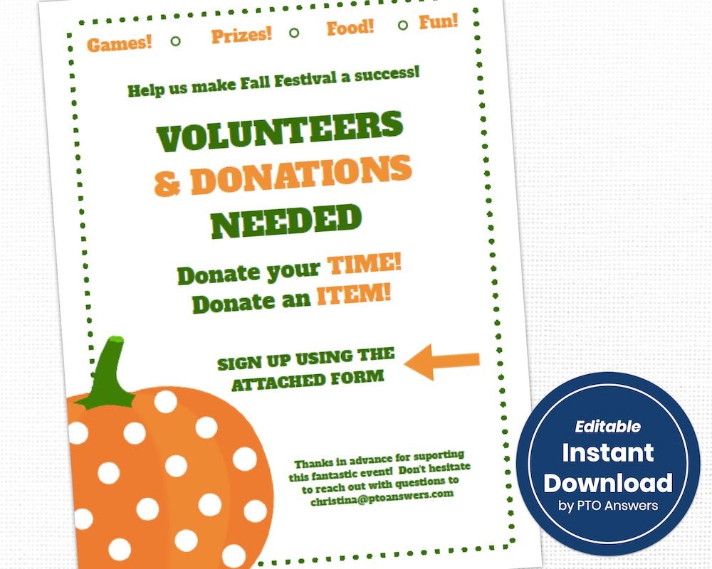 customizable school fall festival flier template with cute pumpkins for event and volunteer and donation request forms and sign up sheets by pto answers